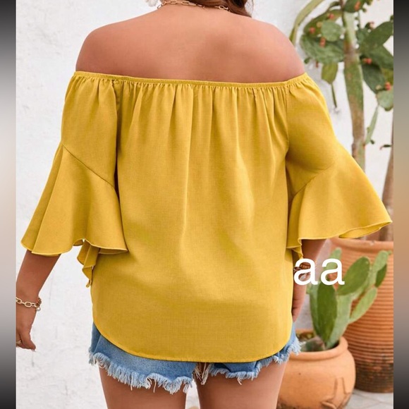 Plus Size Off Shoulder Flutter Butterfly Sleeve Top Blouse Shirt Mustard Yellow - Picture 2 of 3